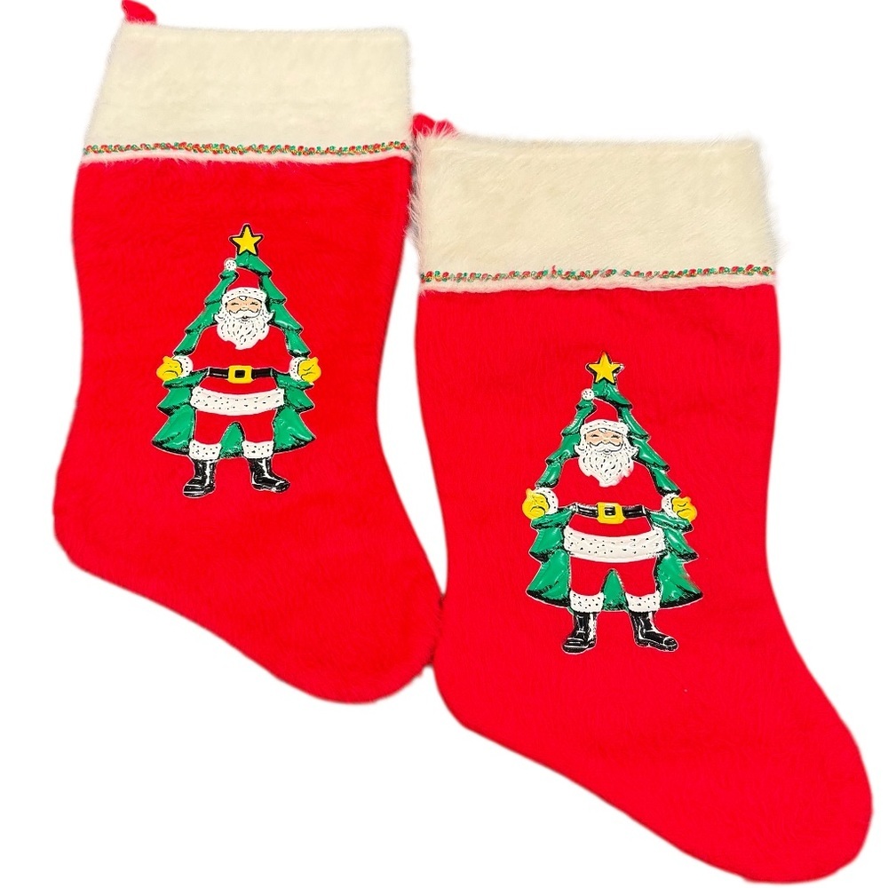 Vintage Christmas stocking set of 2 retro 80s Santa mid century MCM